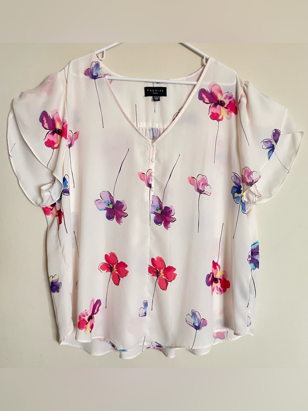 Premise Sheer Floral Short Flutter Sleeve Blouse